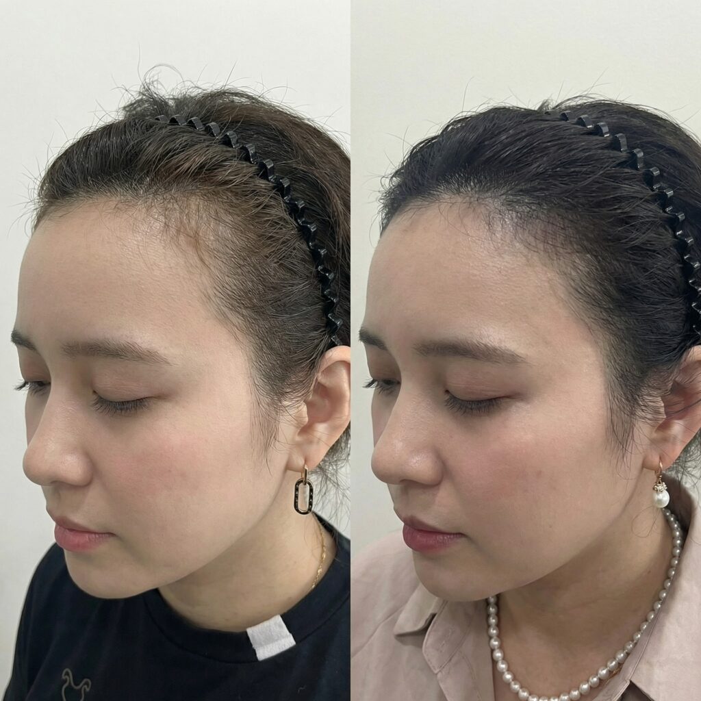 얼굴형에 맞춰 옆선까지 설계한 헤어라인 두피문신 전후 비교
