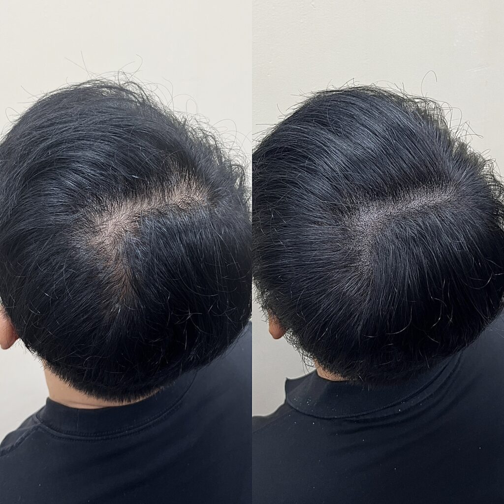 남성 정수리 두피문신 시술 전후, 비어 보이던 회전 중심이 채워진 옆모습