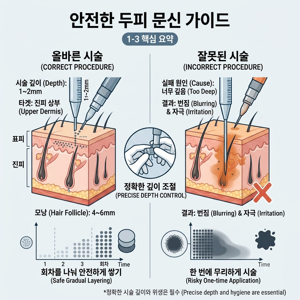 올바른 시술과 잘못된 시술의 깊이 차이를 비교한 안내 도해