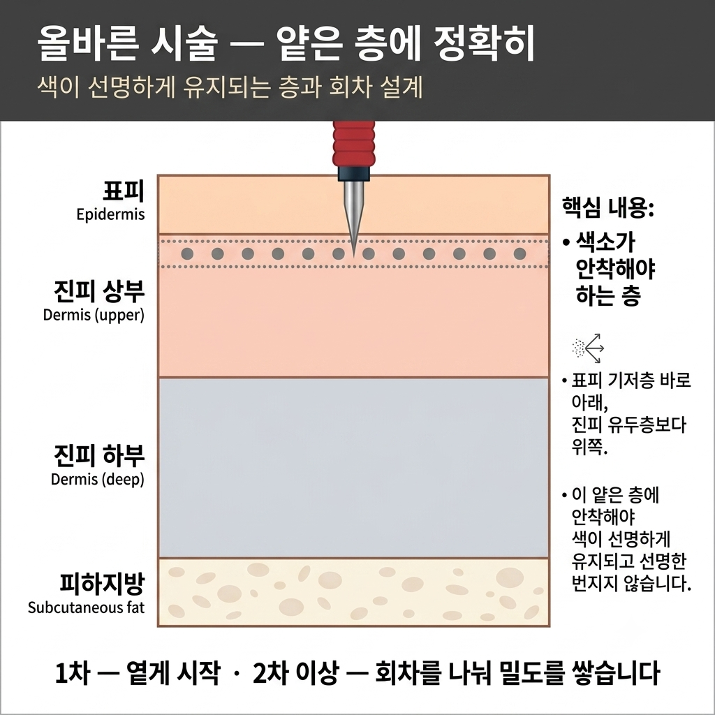 색소가 안착해야 하는 얕은 층과 회차 설계를 설명한 도해