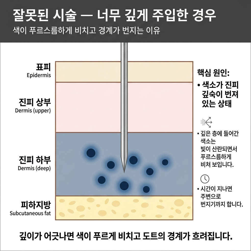 색소를 너무 깊게 주입했을 때 색이 푸르게 비치는 원리를 설명한 도해