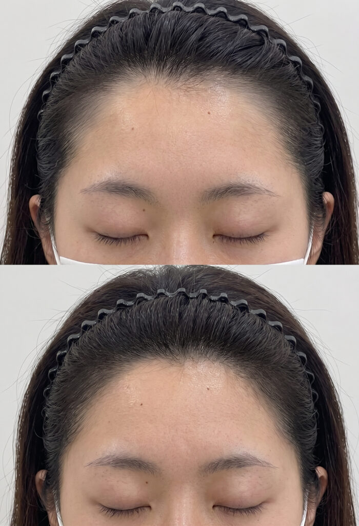 정면에서 본 여성 헤어라인 두피문신 전후 비교