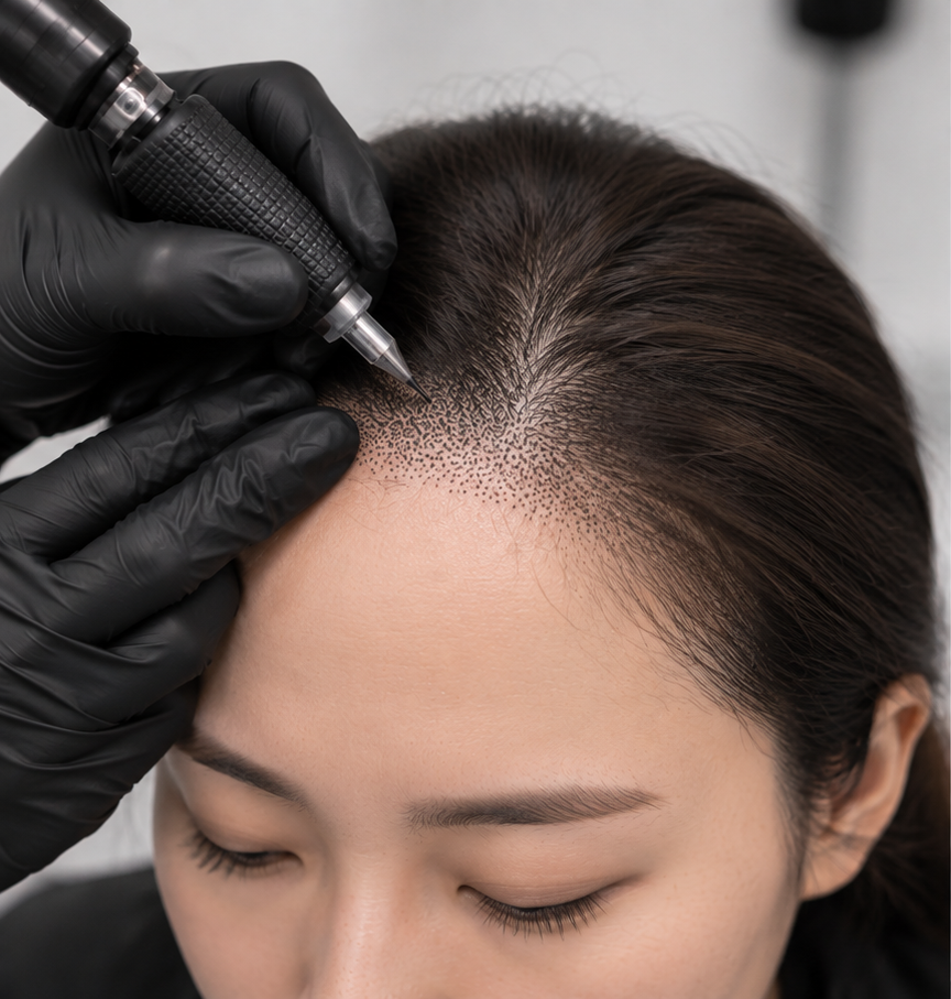 여성 헤어라인을 따라 모근 모양의 점을 찍는 두피문신 시술 근접 이미지
