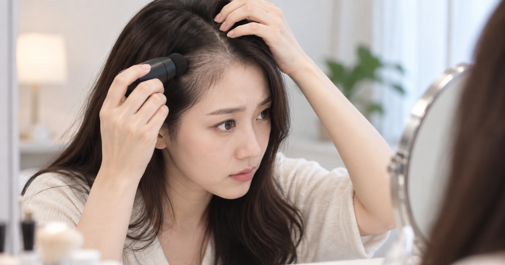 거울 앞에서 헤어팡팡이 쿠션으로 가르마 주변 두피를 커버하는 여성