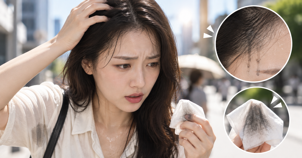 더운 날 땀에 젖어 헤어팡팡이가 이마로 흘러내리고 티슈에 검게 묻어난 모습