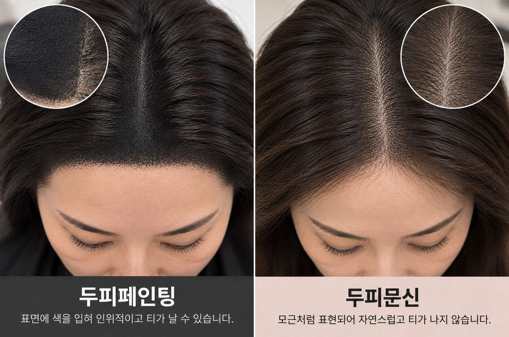 두피페인팅과 두피문신의 가르마 표현 비교, 표면에 색을 입힌 경우와 모근처럼 점으로 표현한 경우