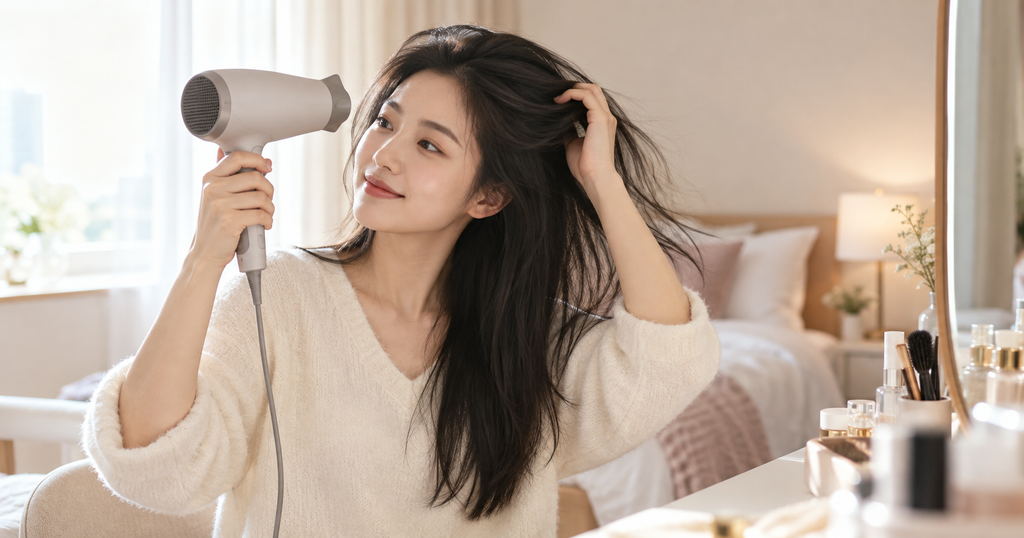 뿌리볼륨펌 후 드라이어로 모발 뿌리를 세워 말리는 여성