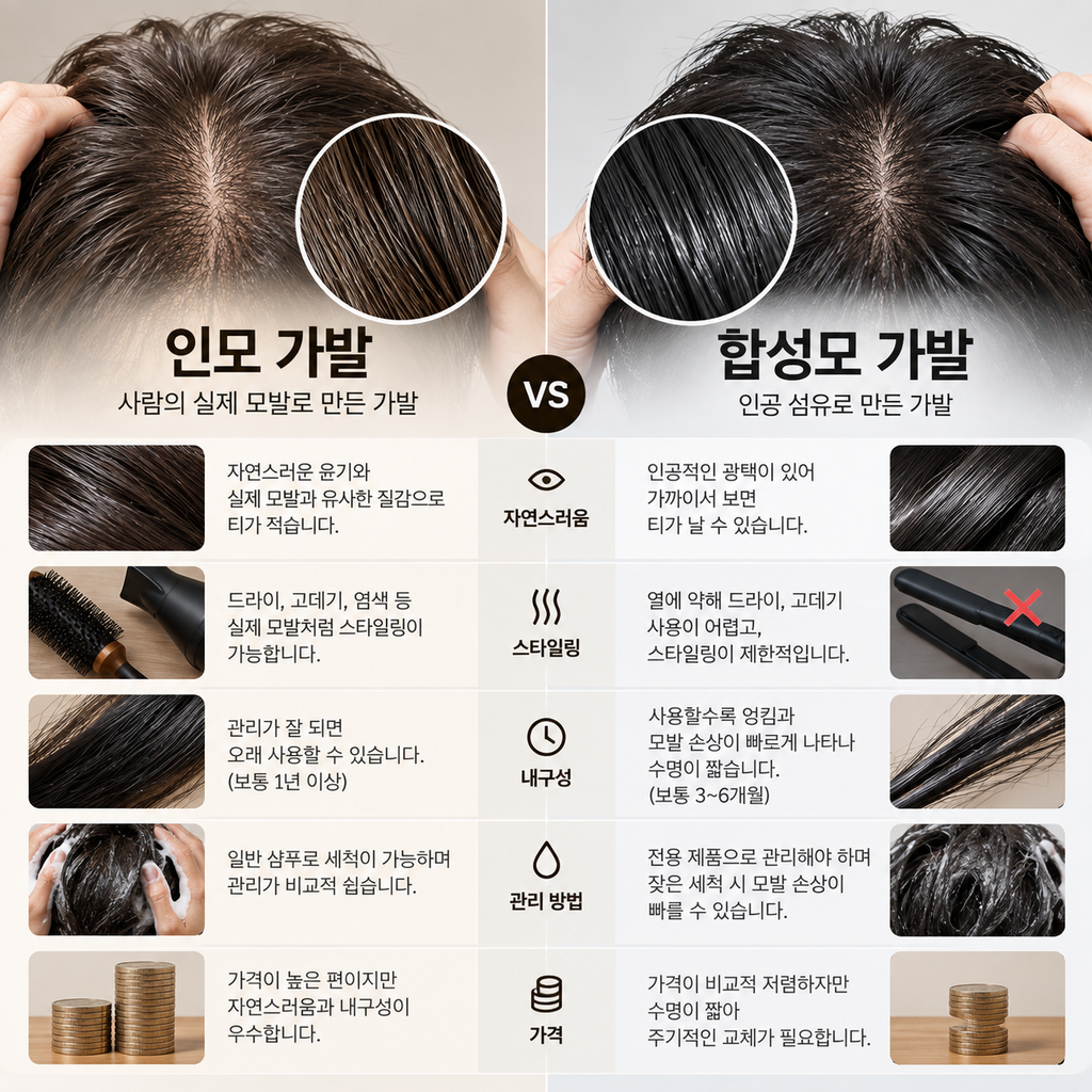 인모와 합성모 가발의 특징과 장단점 비교, 관리방법, 가격, 내구성,스타일링 방법, 자연스러움의 정도 포함